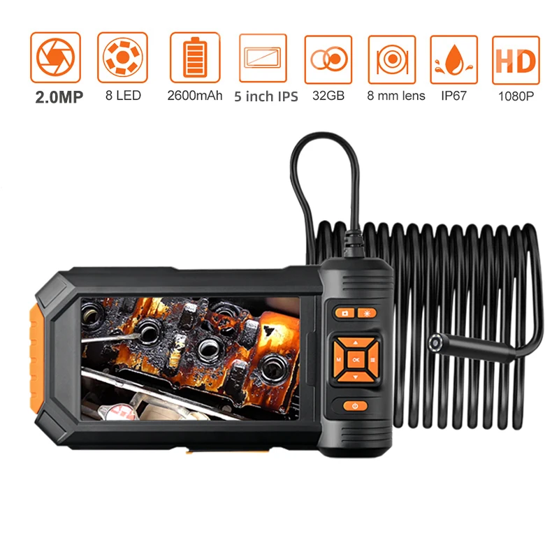 Endoscópio industrial 4.9mm lente dupla 5 "tela ips 1080p borescope cobra câmera de inspeção de drenagem de tubulação de esgoto com 2000mah