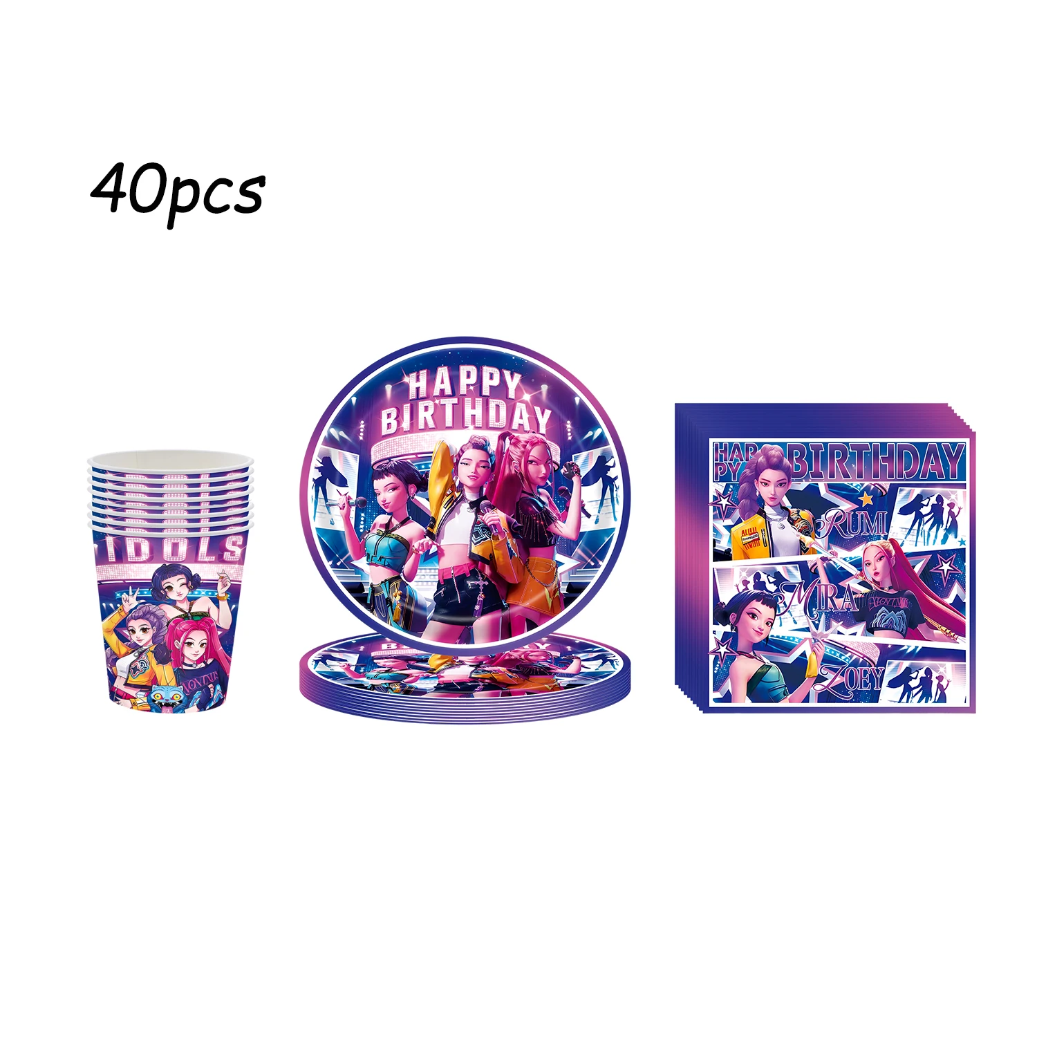 新しいK-POPデモンハンターズ漫画テーマの誕生日パーティーデコレーションセット、食器、カップ、プレート、紙製、女の子、ベビーシャワー用品