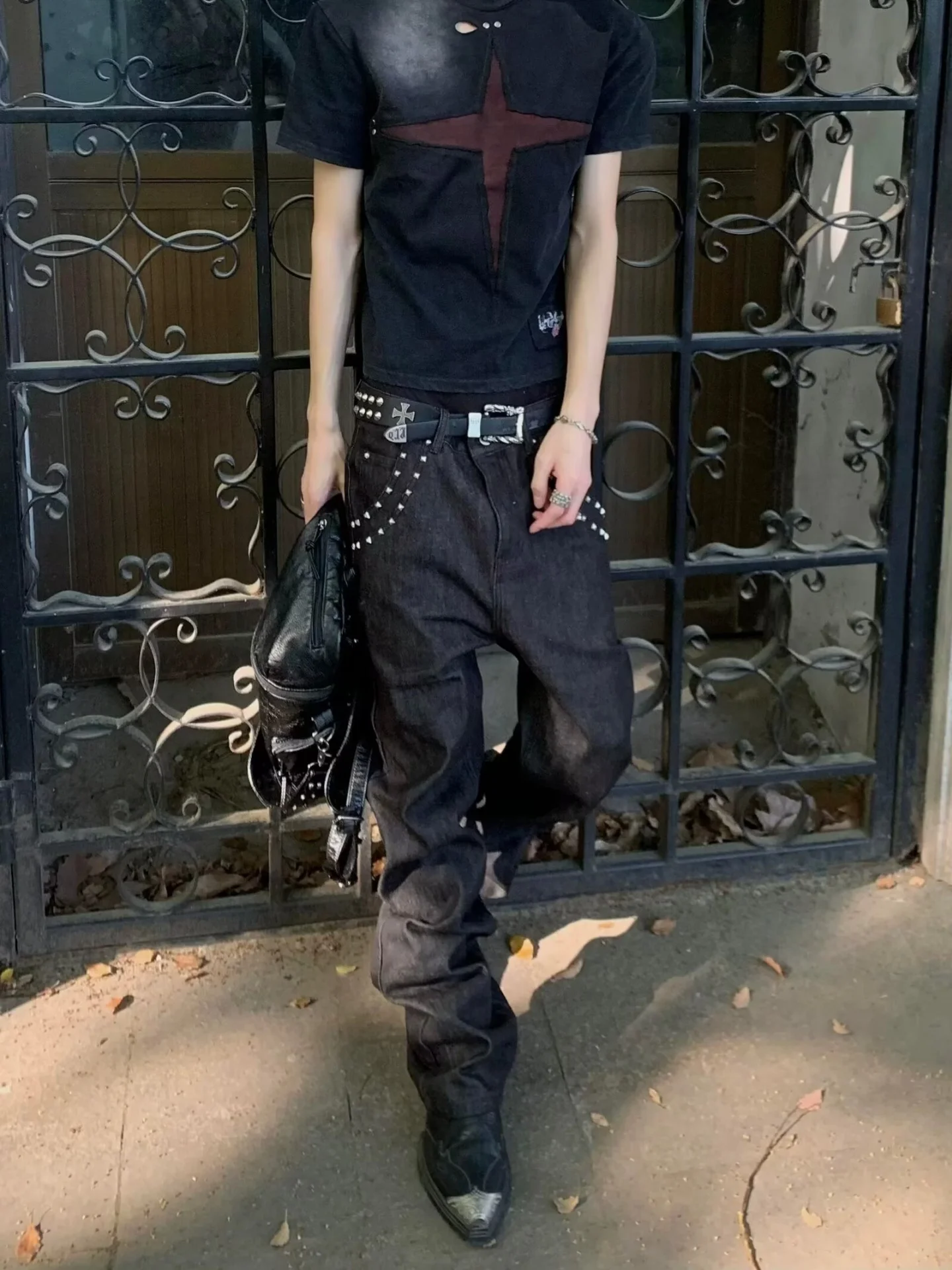 American Punk Style Bell Bottom Jeans Loose Fit Rivet Decoration Streetwear Vintage Subculture Straight Leg Long Trousers