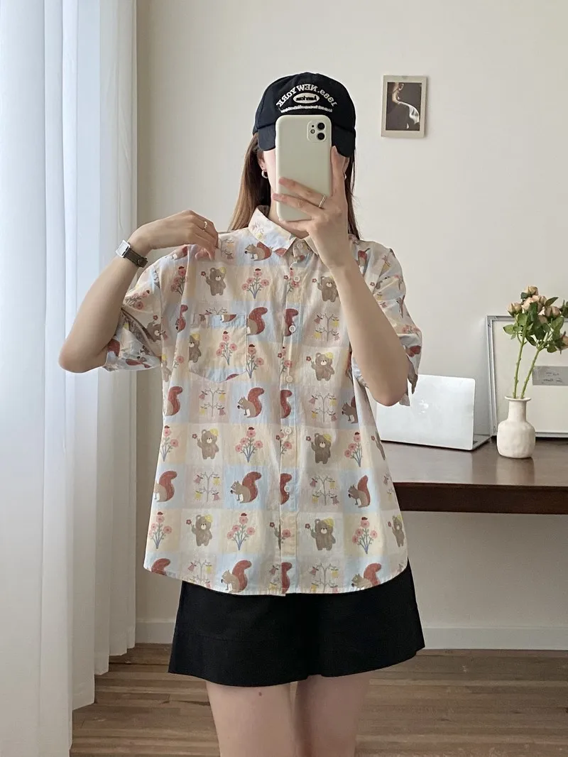 New Spring Cotton Cartoon Printed Shirt Women Lapel Short Sleeve Blouse Girl Casual Sweet Chic Loose Top 2024 Autumn T45414QC