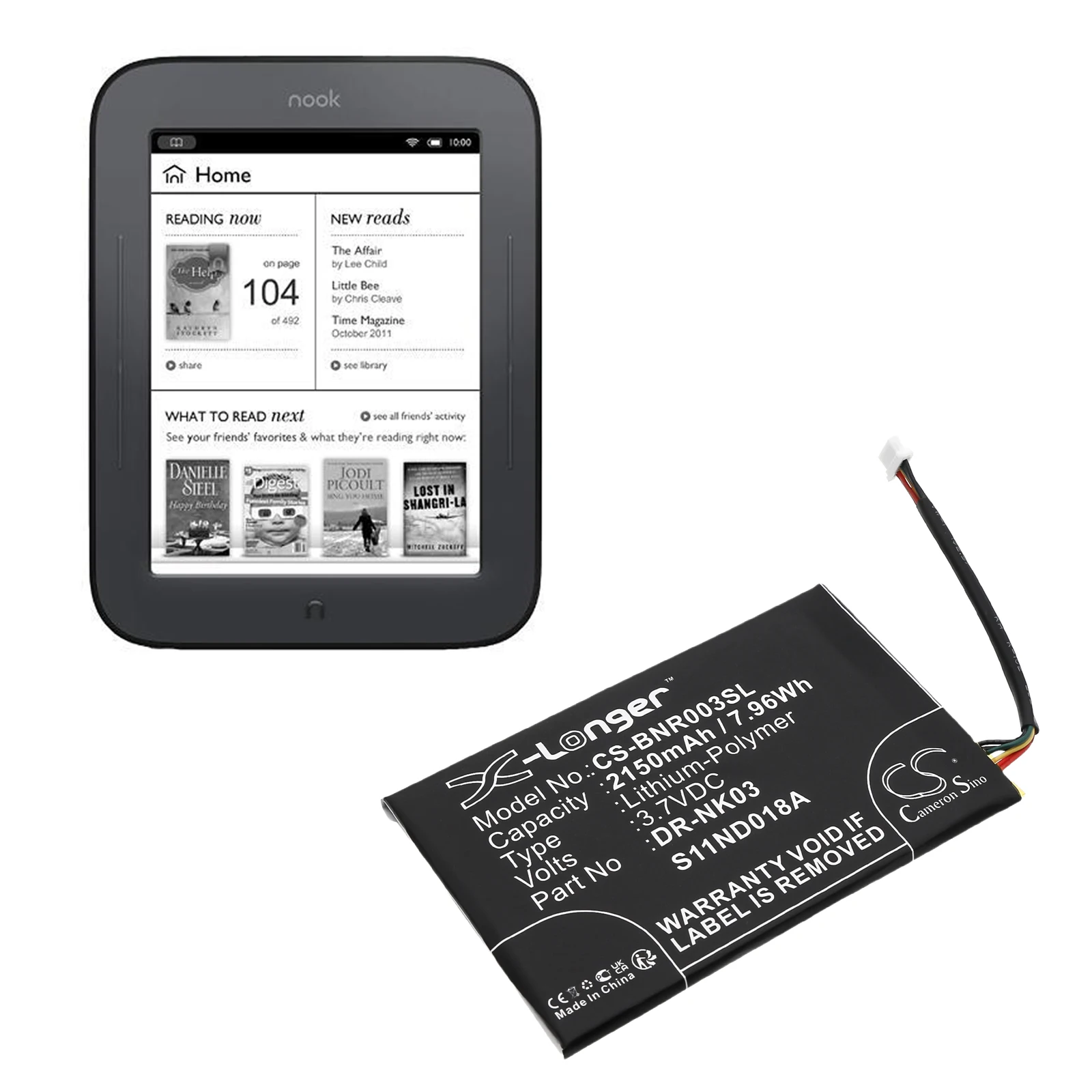 CameronSino E-book, E-reader battery for Barnes & Noble,3.7v,2150mAh,Nook Simple Touch BNRV300 Simple Touch 6