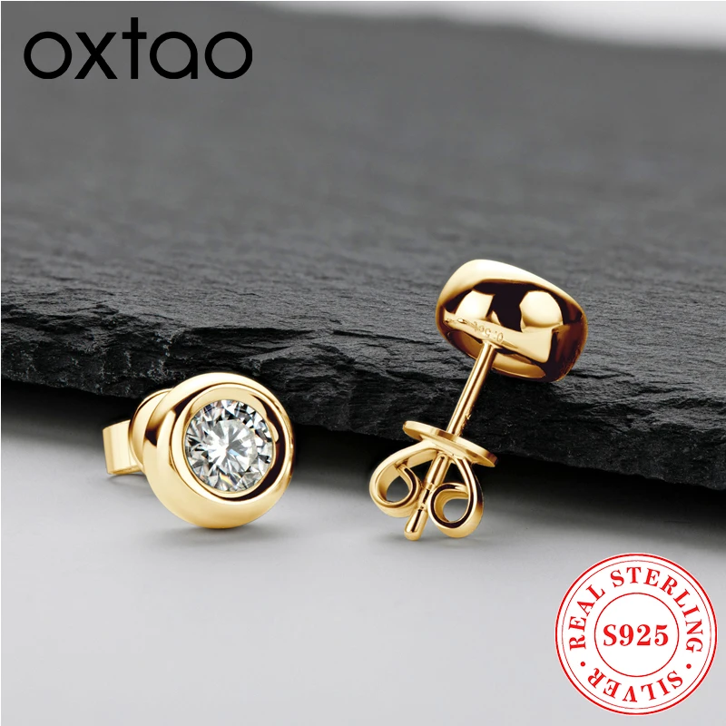 OXTAO 5mm 6.5mm Round Stud Earrings Real 925 Silver Moissanite Bezel Setting Simple Bubble Earrings Fashion Wedding Jewelry Gift