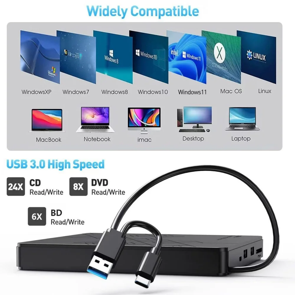 Unidade Blu-ray externa 5 em 1, unidades ópticas portáteis BD-RW BD DVD CD Burner Player Leitor para laptop PC Windows 11/10 Mac