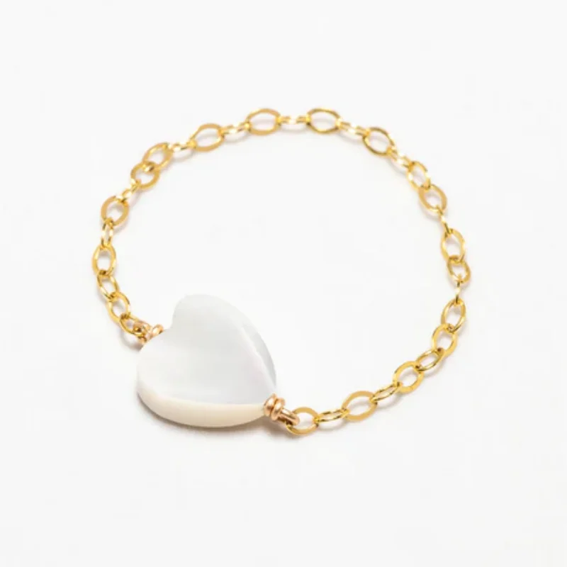 14K Gold Filled Chain Ring Mother of Pearl Heart Dainty Stacking Ring Luxury Personalized Designer Jewelry Gift for Women