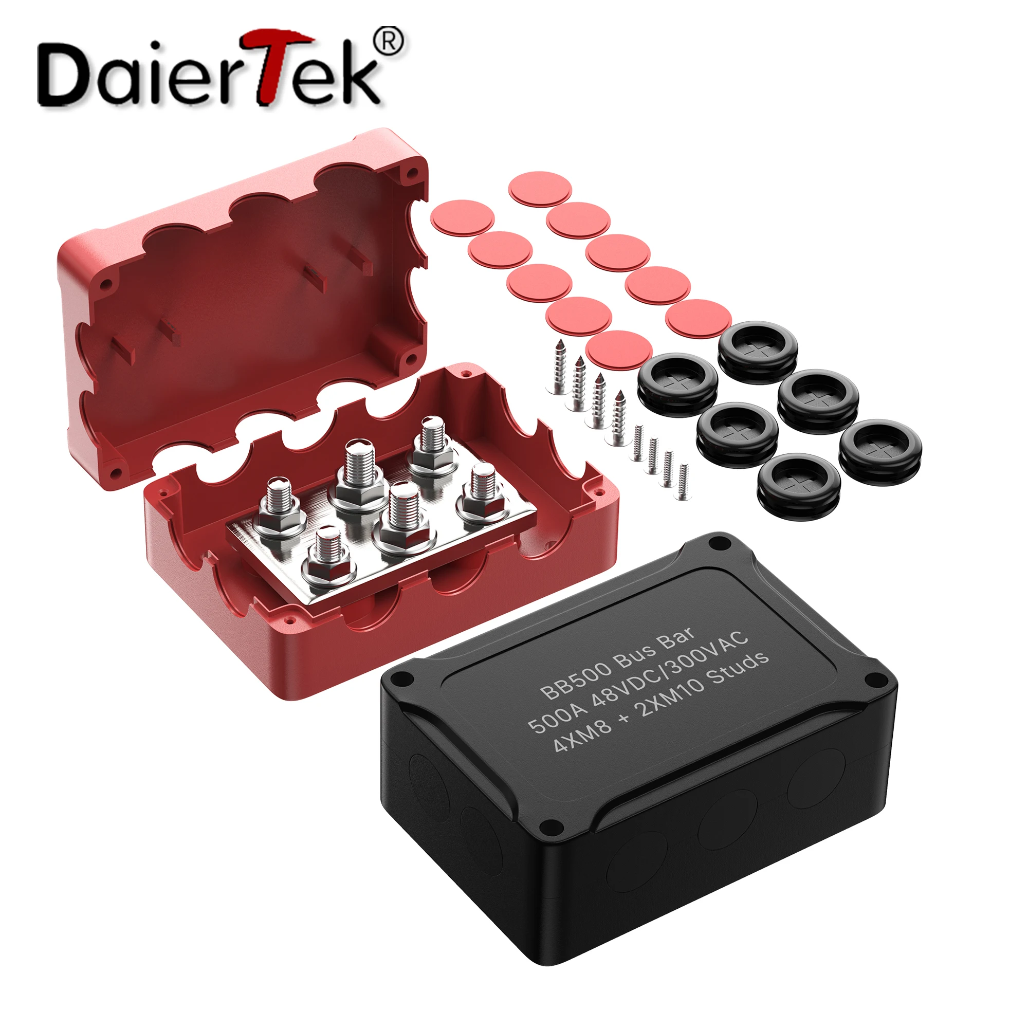 DaierTek 500A Marine Bus Bar 48V Automotive Power Distribution Block Big Current 6 Studs With Red Black Plastic Cover For Car