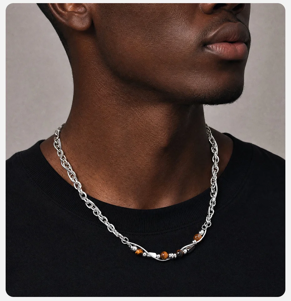 Vnox Figaro Doppelschichtige Kettenhalskette für Männer, Edelstahl Türkis Tigerauge Onyx Perlen Verstellbarer Hip-Hop Schmuck Geschenk – Detail 3