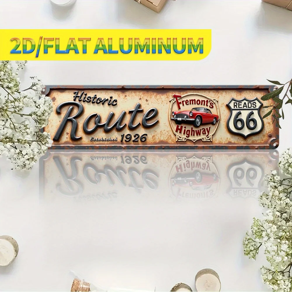 Vintage Route 66 Metallschild Wanddekoration, 2D Flaches Retro Aluminium-Wandschild für Garage, Männerhöhle, Hausbar, Außenbereich, 3,94x15,75 Zoll