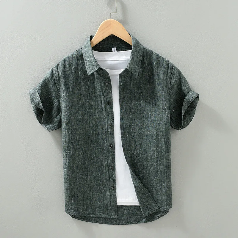 

Мужская рубашка из чистого льна с коротким рукавом, в стиле ретро, повседневная, свободного кроя, летняя, модная, премиум-класса, из цветной ткани, с тканым узором, мужская одежда