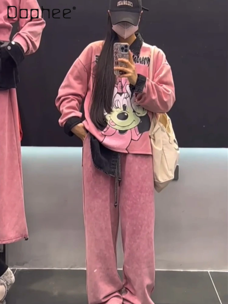 

European Goods Trendy Fashion Cartoon Print Sweatshirt Sets for Women 2025 Spring and Autumn New Casual Sports Two-Piece Sets