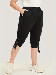 Plus Size Women's Ruched Drawstring Slight Stretch Fitness Capri Pants With Pockets Minimalist fashionable comfortable leggings