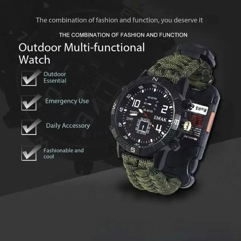 Outdoor multifunctional mountaineering watch, umbrella rope woven strap, electronic watch, compass, emergency watch