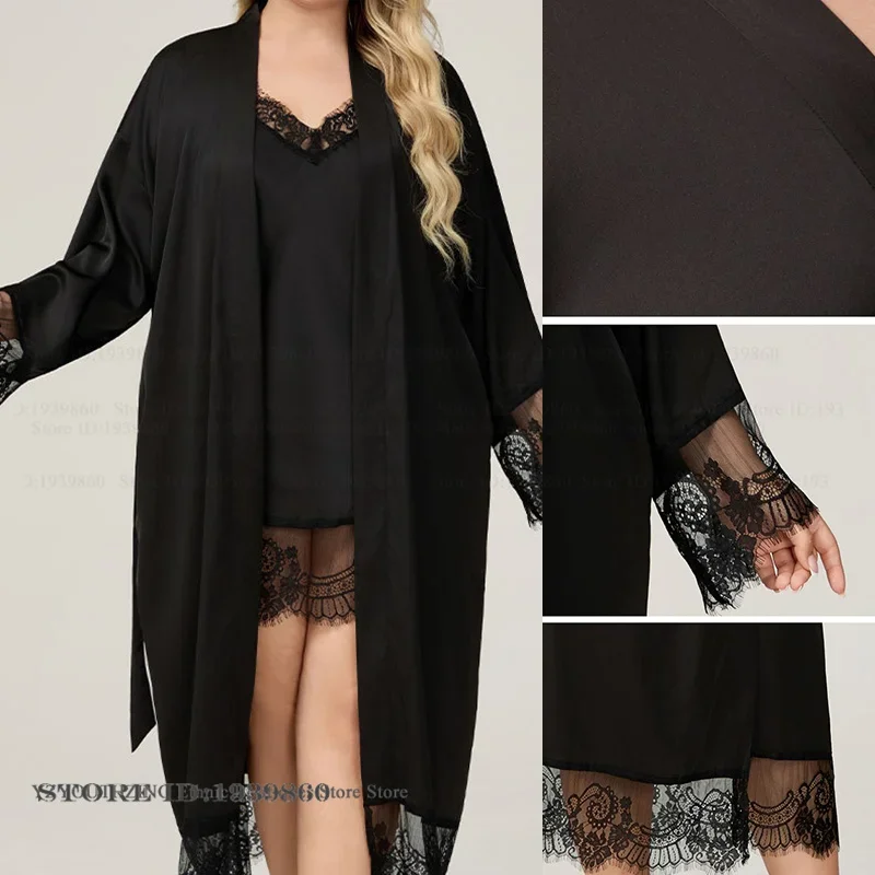 

Комплект из 2 предметов, свободная повседневная пижама, одежда для сна большого размера, домашняя одежда, женское черное атласное кимоно, платье больших размеров, домашняя одежда, одежда для дома