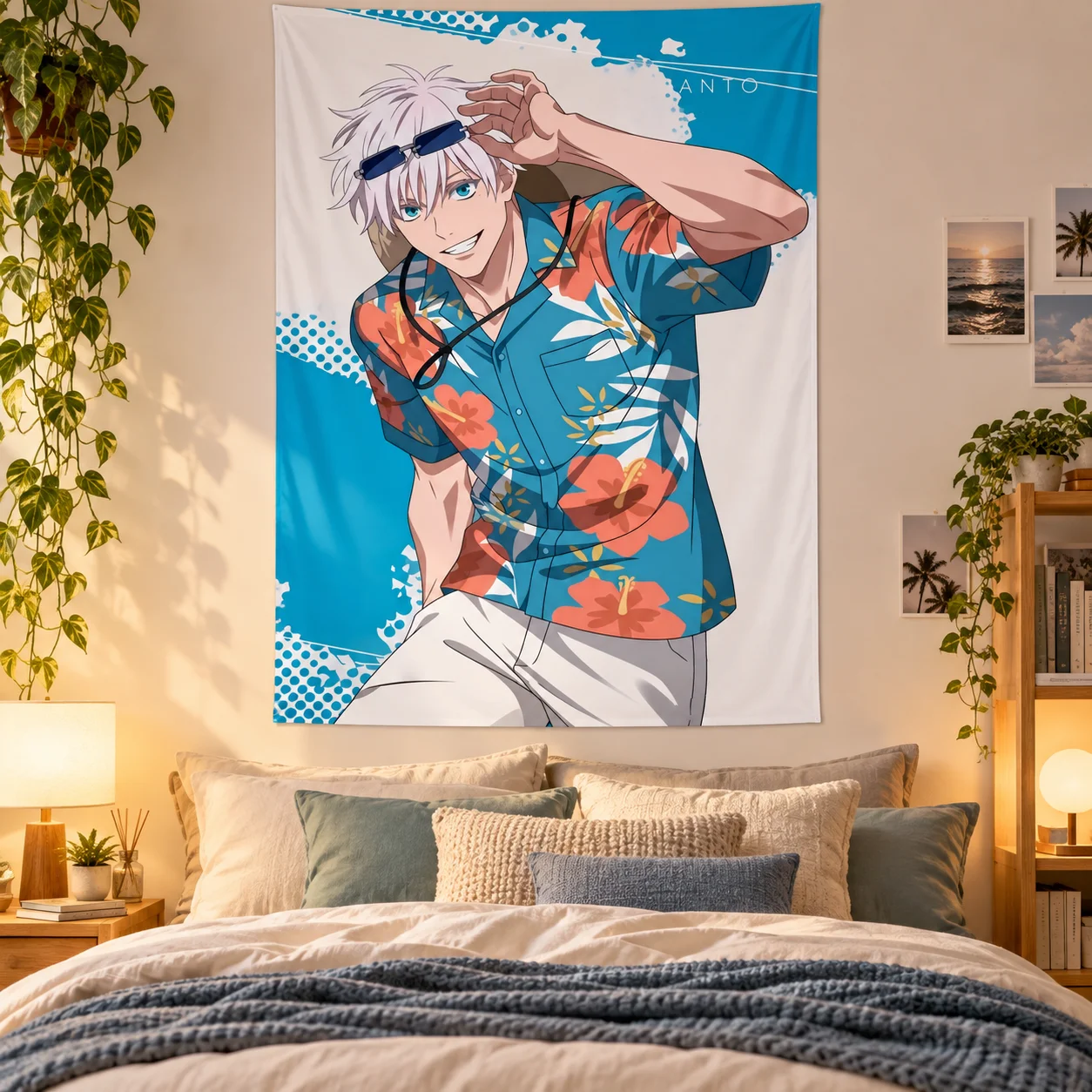 Anime Silver Hair Young Man Tapestry Summer Hawaiian Shirt Wall Hanging Aesthetic Manga Art Wall Tapestry for Bedroom Dorm Decor