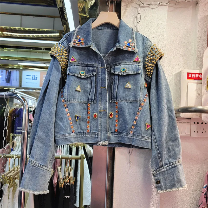 

Spring Korean Beaded Diamond Rivet Short Denim Jacket Women Frayed Burrs Lapel Casual Loose Long Sleeve Female Jeans Jacket Coat