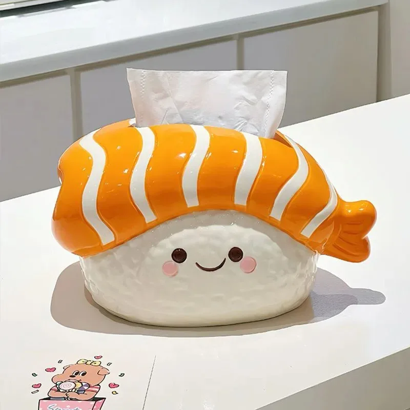 3D Cartoon Salmon Sushi Ceramic Tissue Box, Cute Paper Towel Holder for Home Decor, Living Room Coffee Table Napkin Storage Box