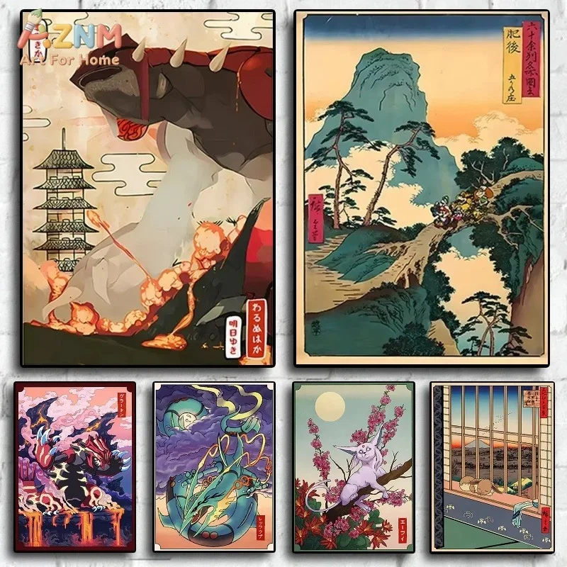 AZNM Ukiyo-e-Stil Pokemon Groudon Kyogre Espeon Leinwand-Wanddruck, ungerahmt, japanisches Vintage-Landschafts-Anime-Poster