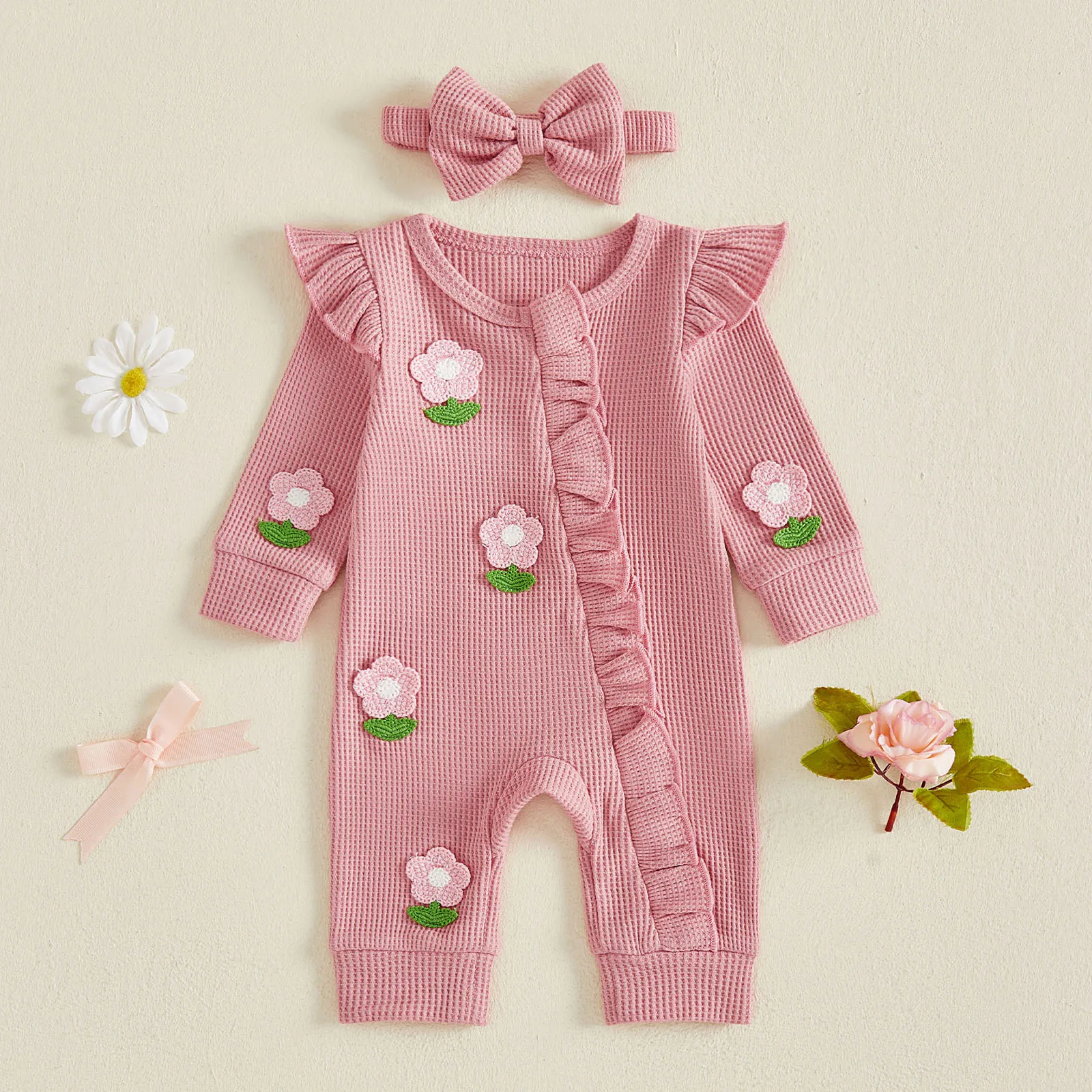 Baby Girls Fall Zipper Romper Cute Long Sleeve Crocheted Flowers Jumpsuits & Headband Autumn Baby Waffle Clothes