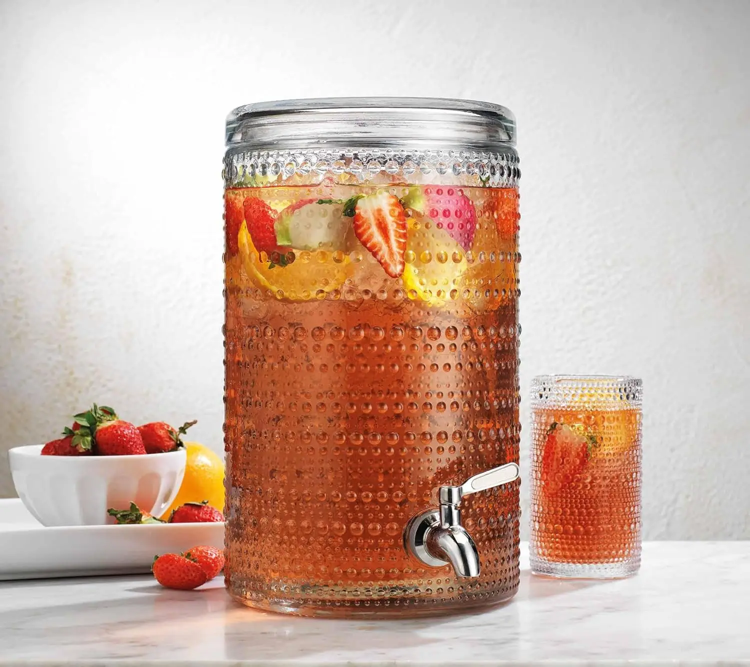 

Glavers 2 Gallon Beverage Dispenser Clear Glass Hobnail Beaded Jug, Tight Lid, Side Press Stainless Steel Spigot. Cocktails, Jui