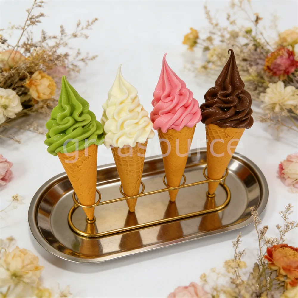Set de Helados Suaves de 17cm, Plástico, Sabores Matcha, Vainilla, Fresa y Chocolate, Conos de Comida Falsa para Exhibición en Cafeterías, Fotografía y Fiestas