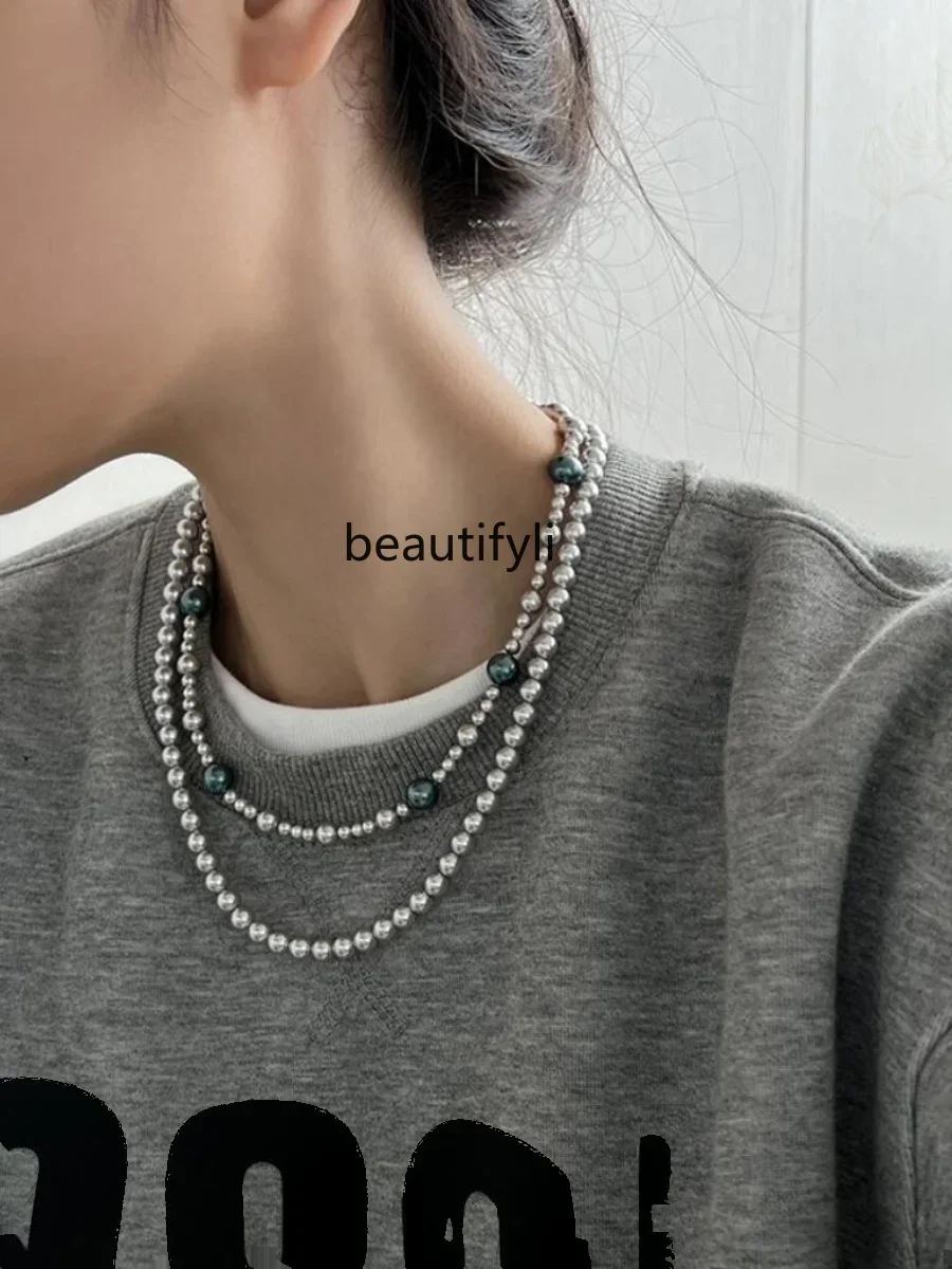 Large and small beaded design Tahiti green pearl necklace high-end unique light luxury niche collarbone chain