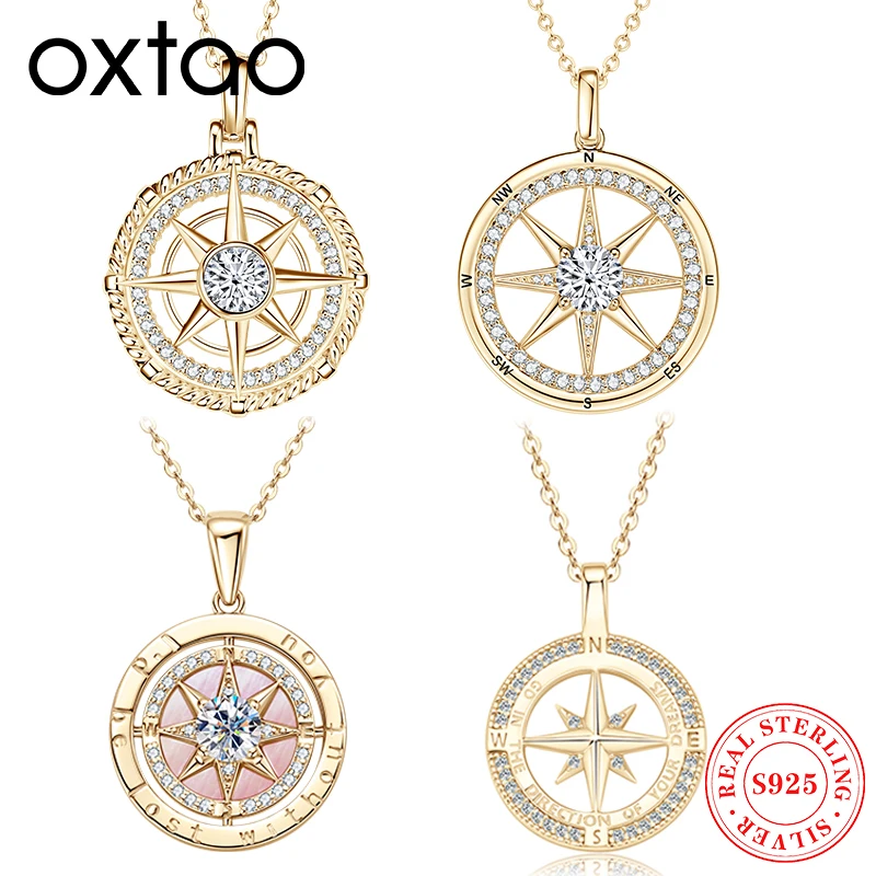 OXTAO 925 Sterling Silver Ladies Cubic Zircon Compass Pendant Necklace Luxury Jewelry  Birthday Party Gifts Adjustable Chain