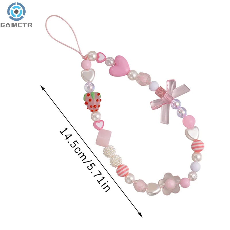 Sweet Strawberry Flower Bead Phone Strap Charm Chain Knot Cellphone Lanyard Keychain Woman Girl Bag Camera Phone Case Pendant