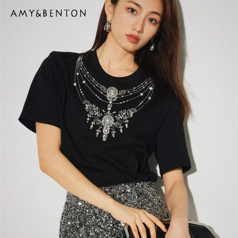 

2024 New Pearl Rhinestone Autumn Winter Mercerized Cotton Base Heavy Industry Beads T-shirt Short Sleeve Aesthetic Clothes Women