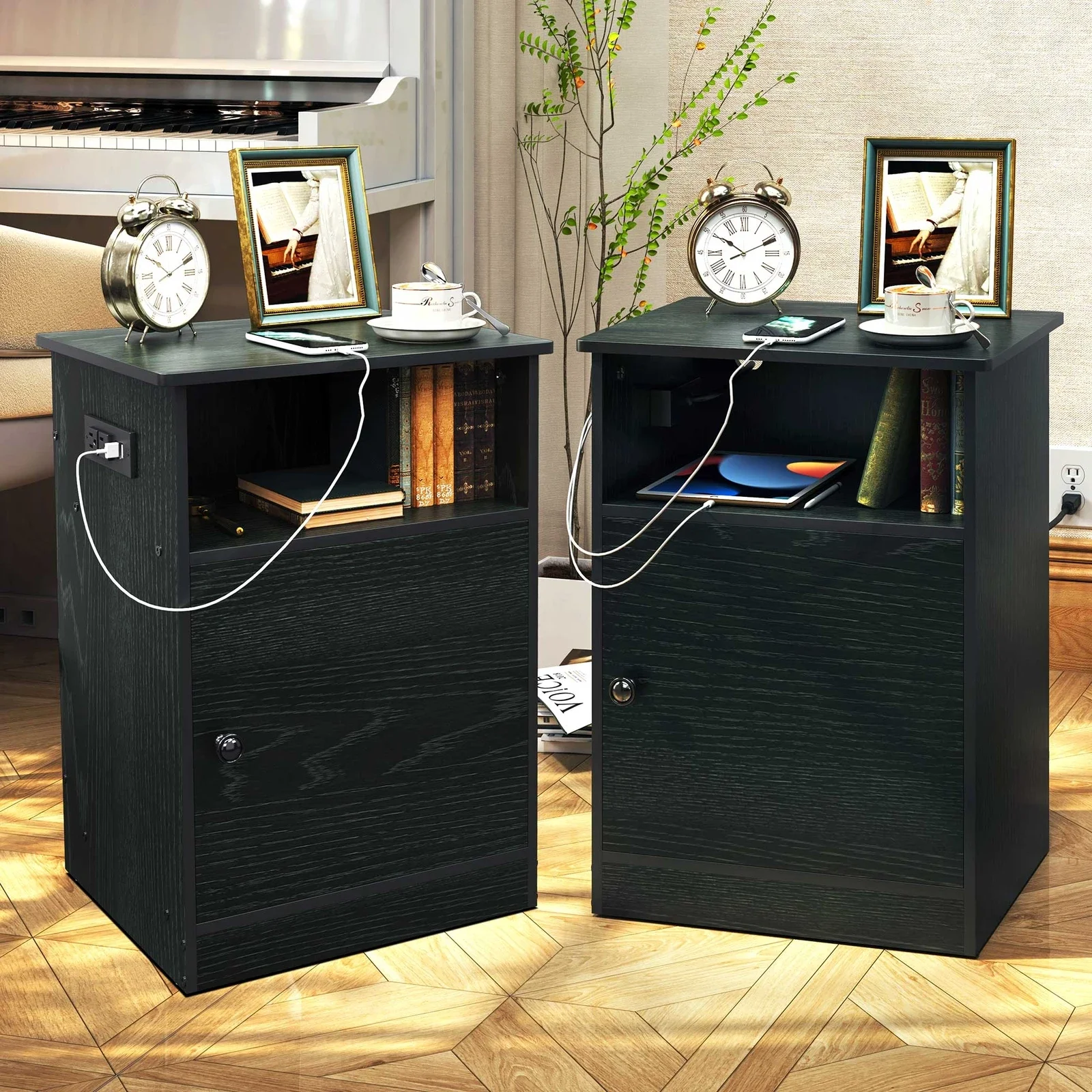 

Wood Nightstand w/USB + Charging Ports Sofa Side End Table Night Stand