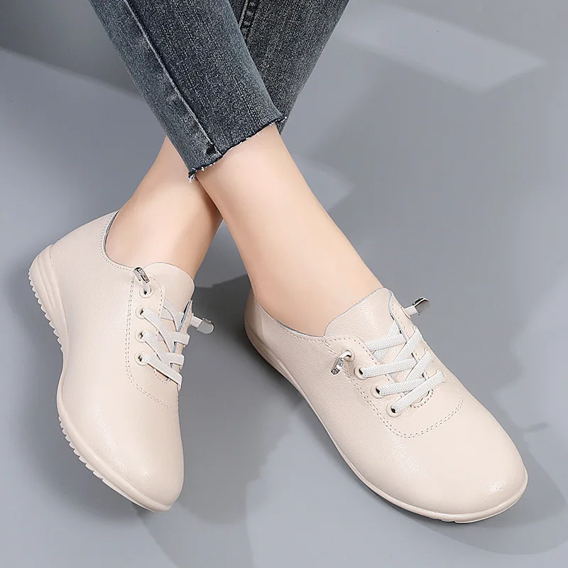 WOIZGIC Female Ladies Women\'s Genuine Leather Flats White Shoes Loafers Soft Moccasins Lace Up Comfortable Footwear