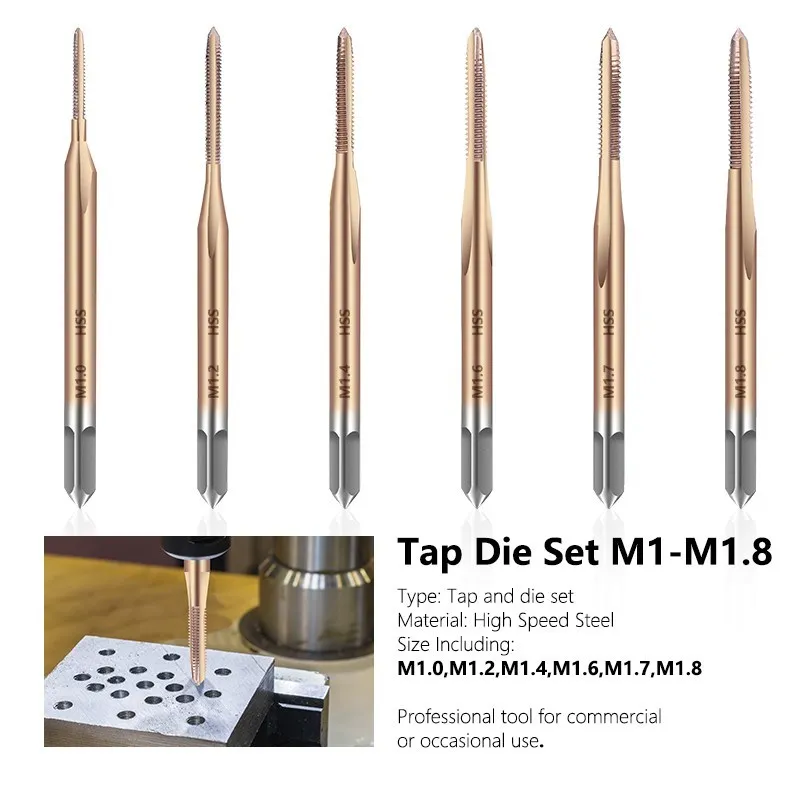 Thread Tap Drill Bits Set 6pcs HSS Machine Thread Tap M1 M1.2 M1.4 M1.6 M1.7 M1.8 Straight Flute Tap Hand Tools Drill Bits