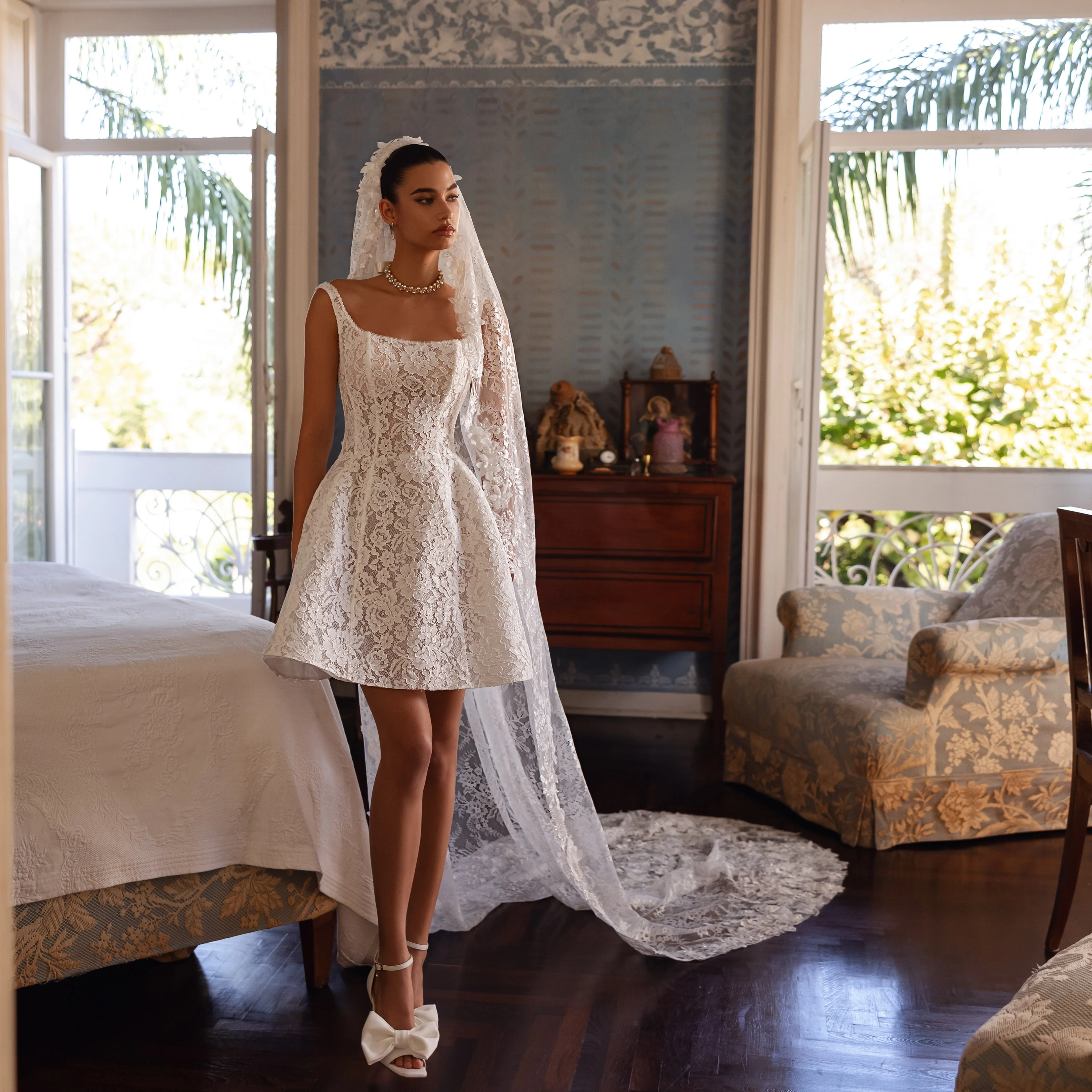 Square Neck Lace Mini Wedding Dress Spaghetti Straps Bow Back A-Line Bridal Gown Custom Ivory Vestido Novia Civil Bride Dress