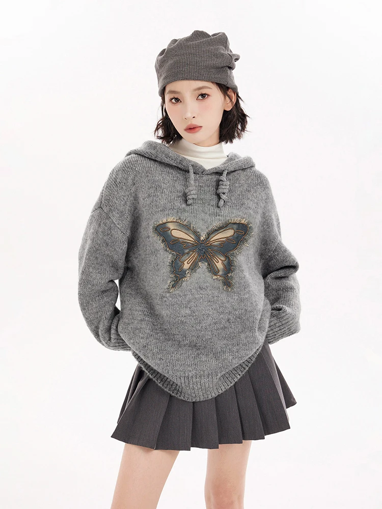 Autumn Winter Hooded Sweater Women Korean Style Long Sleeve Thick Warm Knitted Tops Loose Solid Color Chic Sweater Pullover