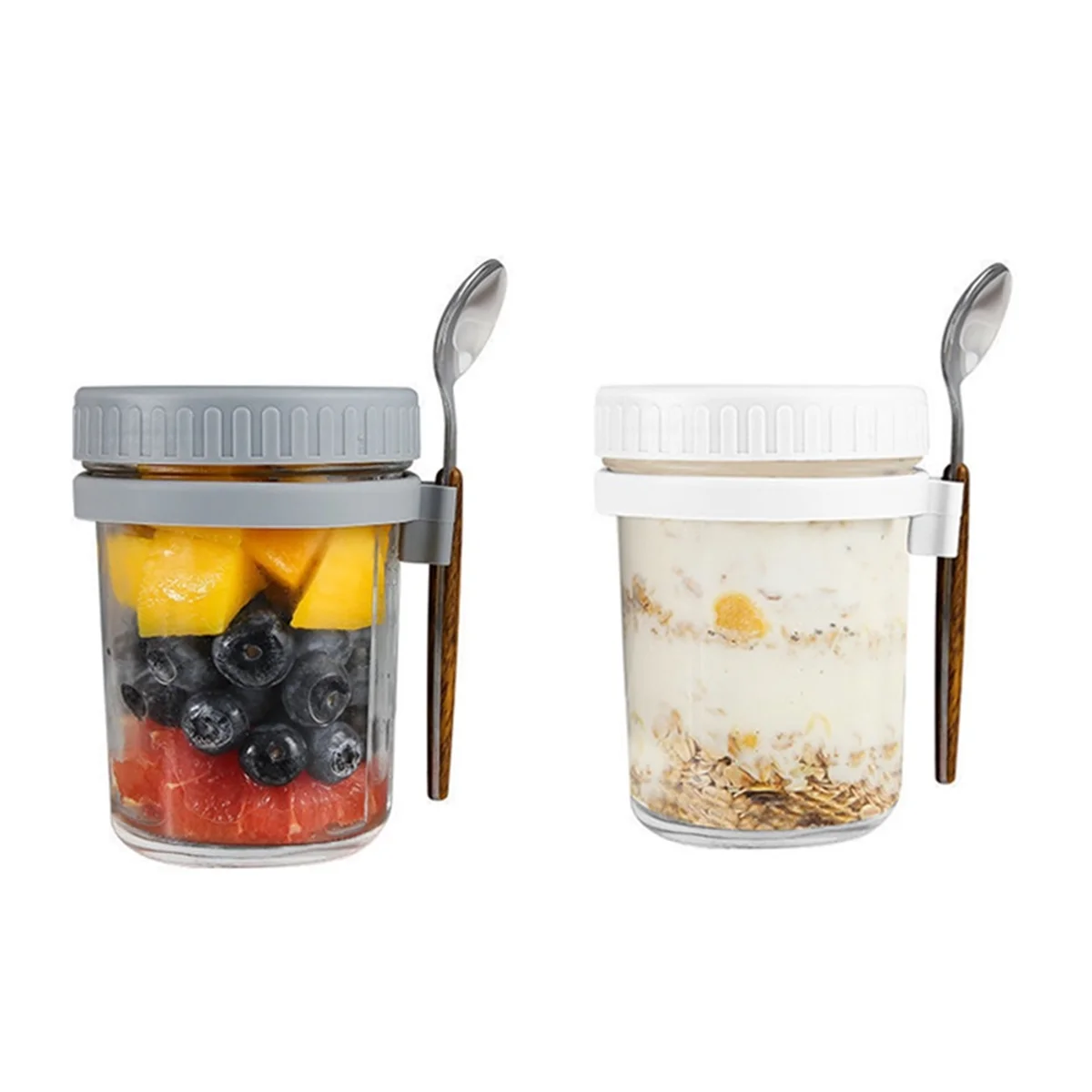 Overnight Oats Jars, with Lid and Spoon,10 Oz Cereal, Milk, Vegetable and Fruit Salad Storage Container White and Grey