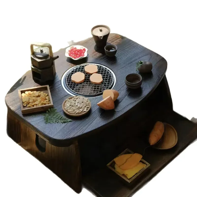 3Pc Round Old Elm Tea Table Set Solid Wood Wabi Sabi Style Small Coffee Desk for Living Room Home Furnace Roasted Log
