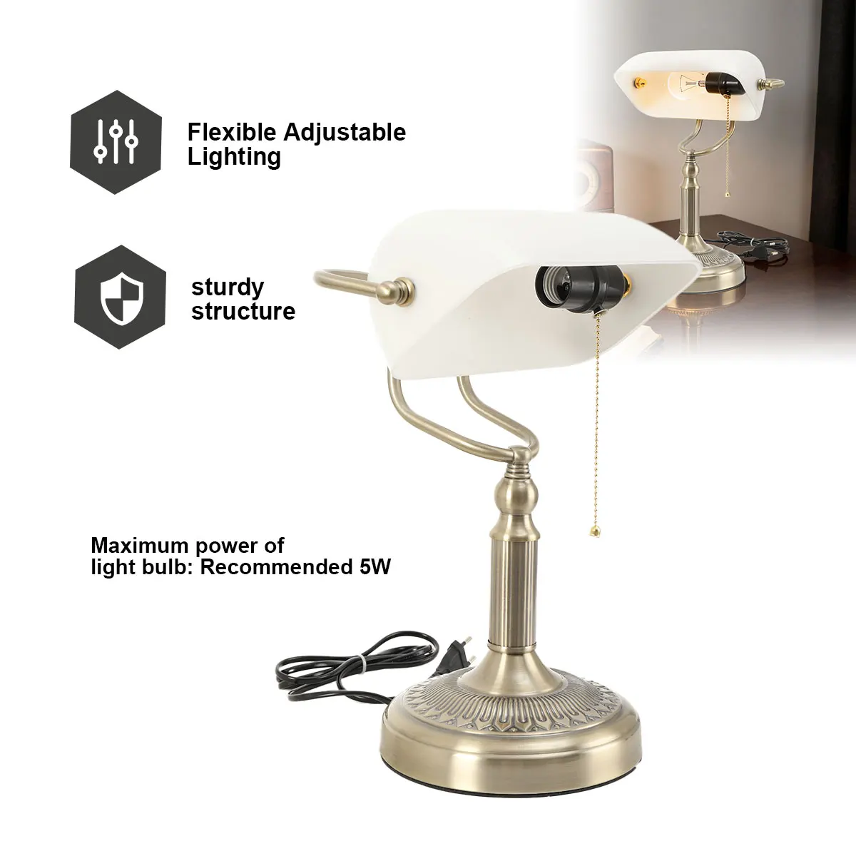 Weiße Vintage-Stil Dekorative Tischlampe Glas Bankers Schreibtischlampe Stufenlos Dimmbare Schreibtischlampe Stecklampe Ohne Glühbirne