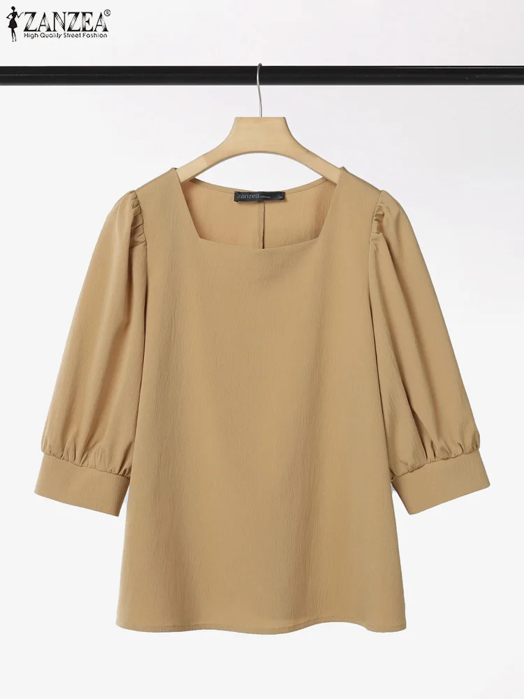 2023 ZANZEA Sommer Büro Hemd Frauen Elegante Square Neck 3/4 Hülse Arbeit Blusen Fashion Solid Urlaub Tunika Tops Lose Blusas