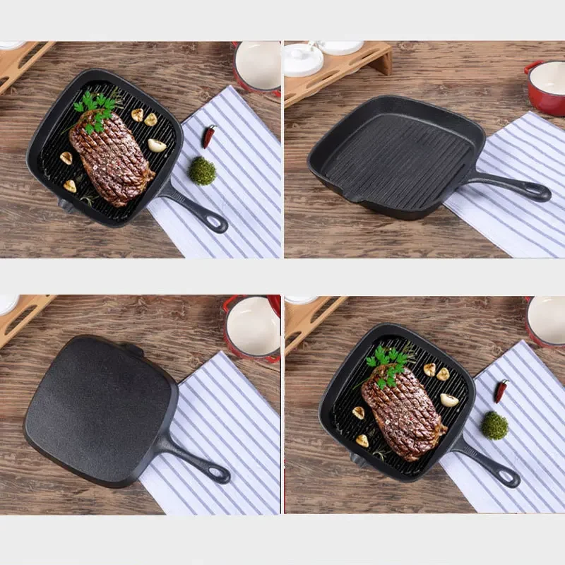 مقلاة 22/24 سنتيمتر غير لاصقة الحديد الزهر شريط سميكة القاع حديقة المنزل شواء قدر ستيك مقلاة