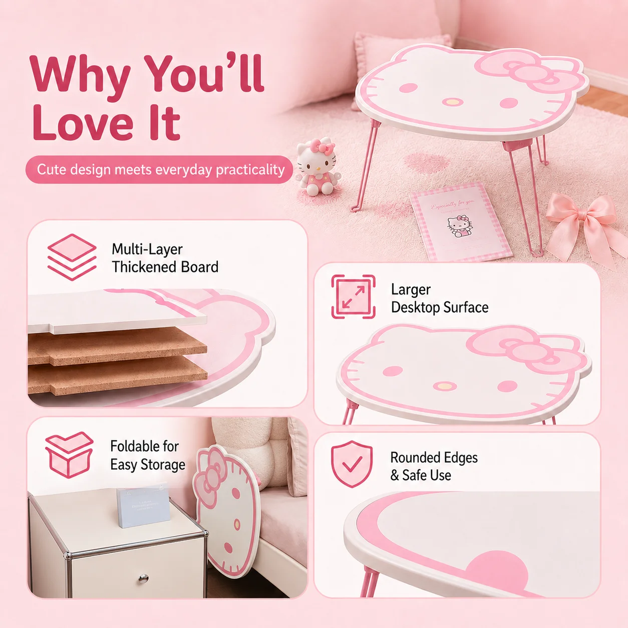 Sanrio Pink Hello Kitty Foldable Table Portable Outdoor Picnic Table Dorm Desk Bedroom Lap Table Car Travel Window Sill Table view 5