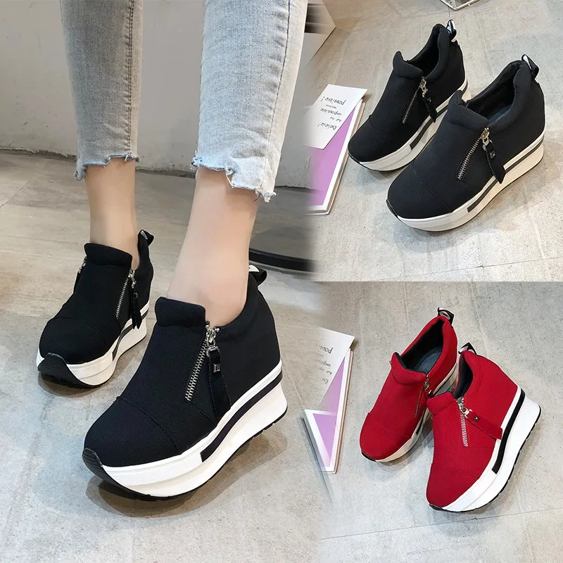 Scarpe da donna con zeppa alla caviglia con plateau scarpe con fondo spesso slip on cerniera moda casual scarpe da ginnastica femminili scarpe