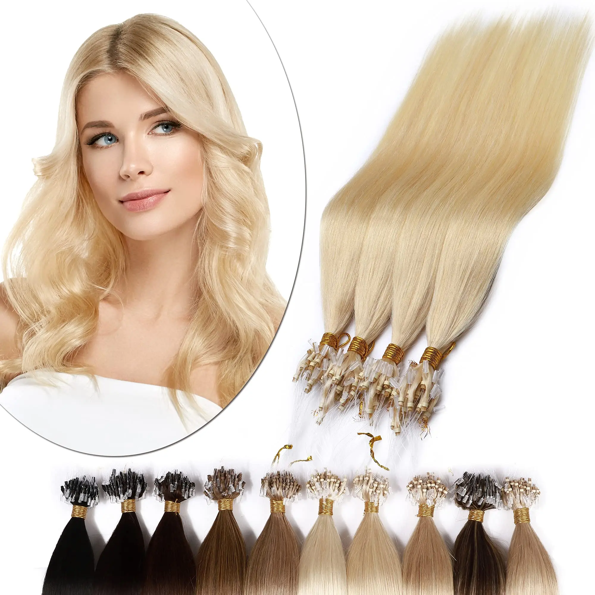 

100% Human Hair Straight Micro Loop Ring Extensions Weft With Silicone Rings For Secure All Day Wear