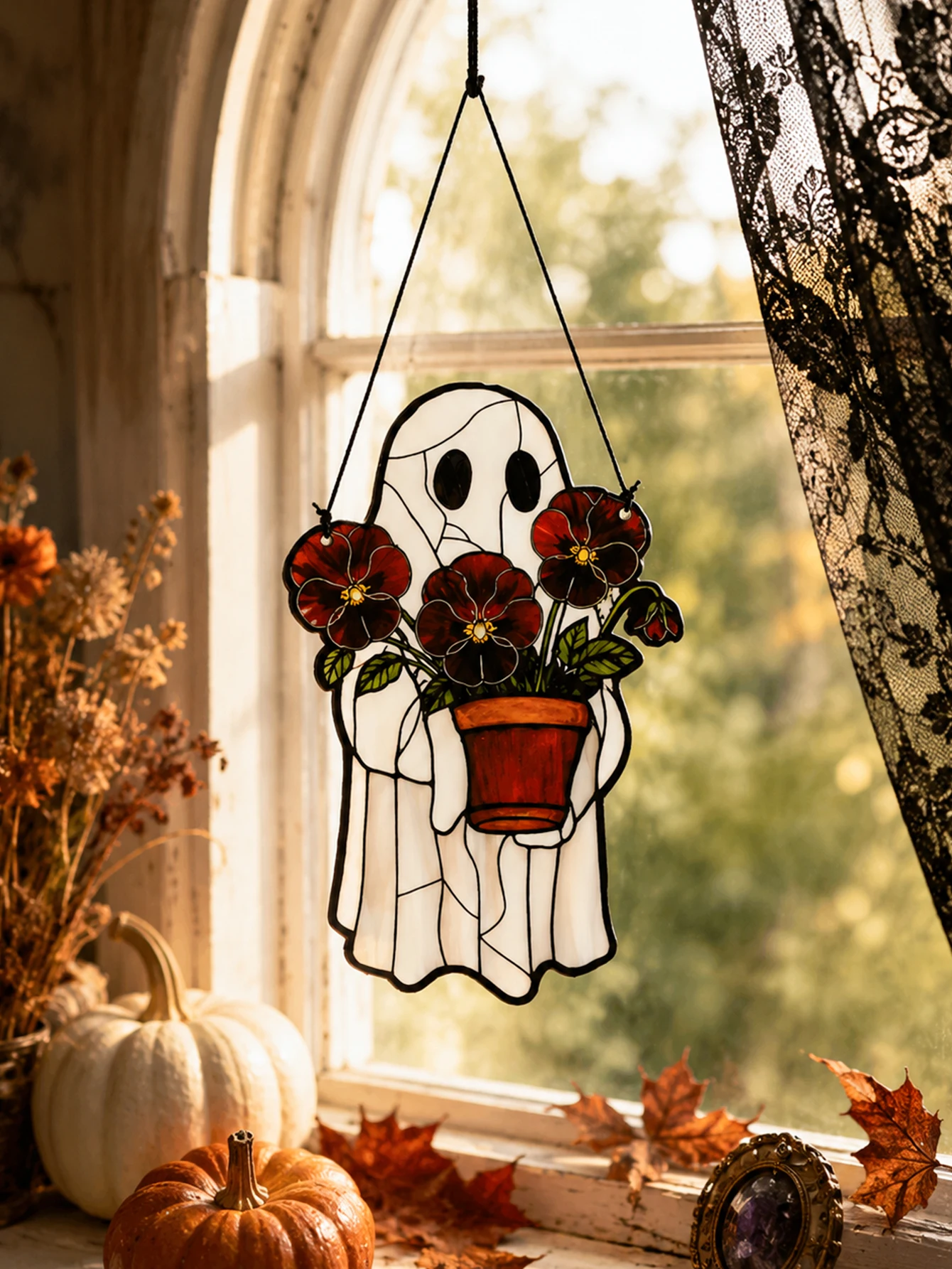 Halloween Ghost Holding Flower Pot Acrylic Suncatcher Window Hanging Gothic Spooky Home Indoor Autumn Fall Wall Decor Pendant