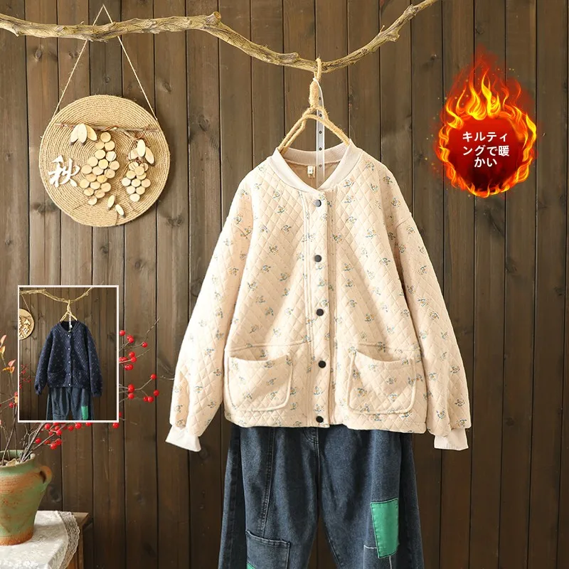 カジュアル長袖コットンジャケットポケットスタンドカラープリントパッチワーク野球スタイルプラスサイズの女性の冬のコート