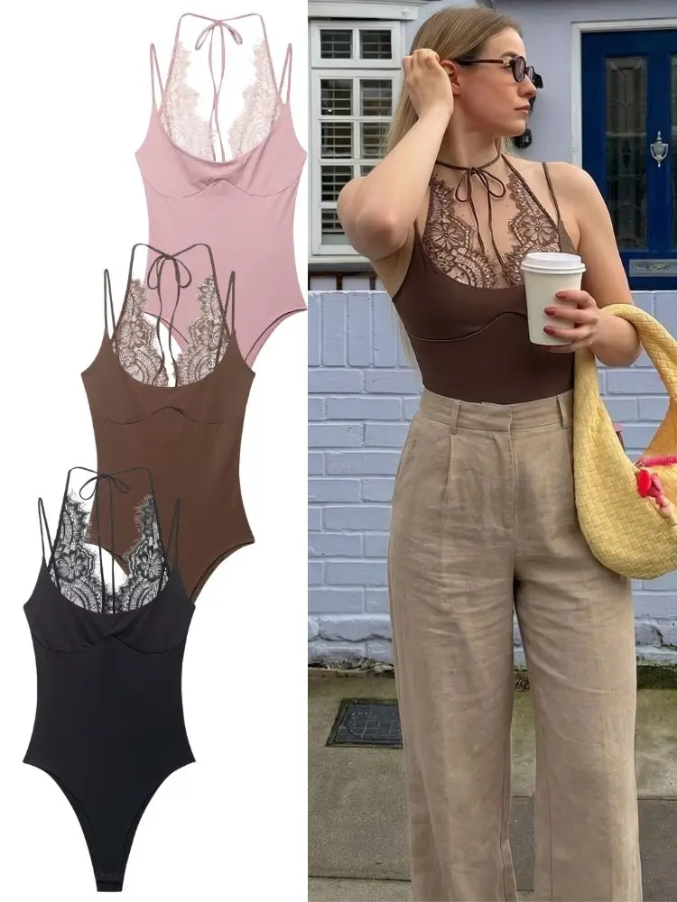 

HH Summer Elegant Women Lace Spliced Halter Jumpsuit 2026 Sexy Female Sleeveless Backless Double Spaghetti Strap Bodysuits