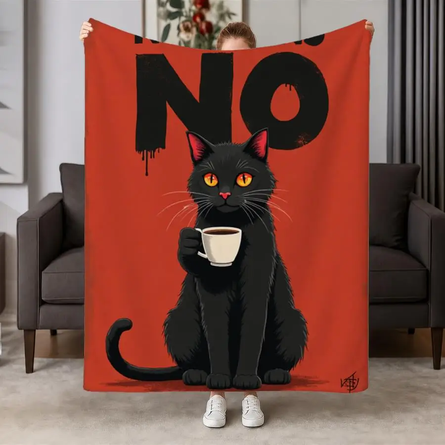 Bold No Means No Black Cat Flannel Throw Blanket-Soft & Warm Red Graphic Decor for Couch, Bed, Office Unique Gift for Friends & Family Machine Washable 2D Flat Weighted Blanket 280GS, 2D Flat
