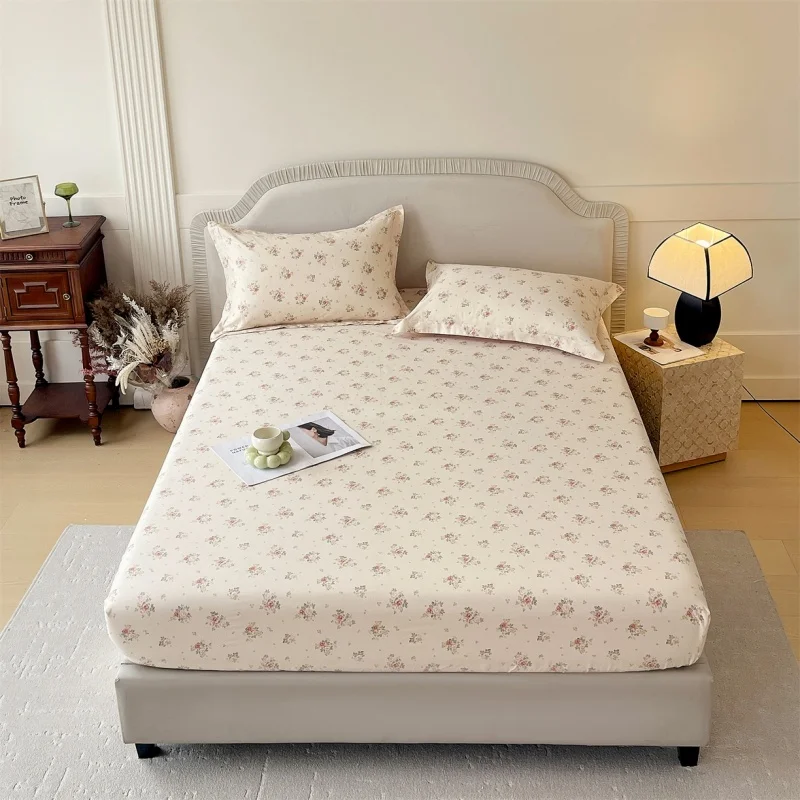 Bonenjoy 1 Pc 100%Cotton Fitted Sheet Floral Flower Printed Bed Cover with Elastaic Queen/King Size Bed Fitted Sheet 180x200cm