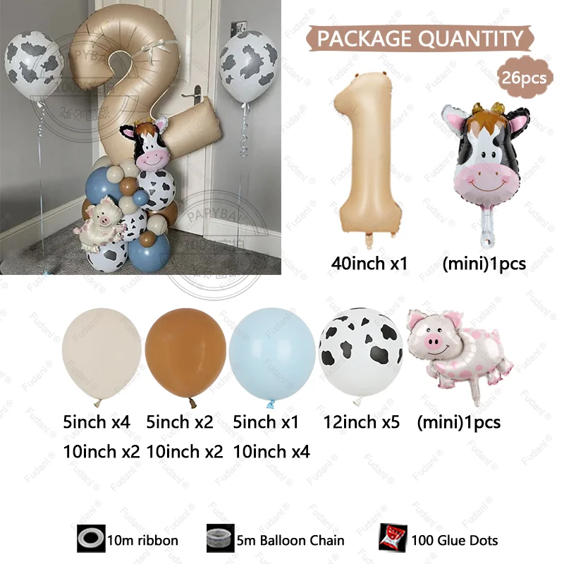 26pcs Farm Animal Balloon Post Mini Cow Pig Aluminum Film Balloon Birthday Party Decorations