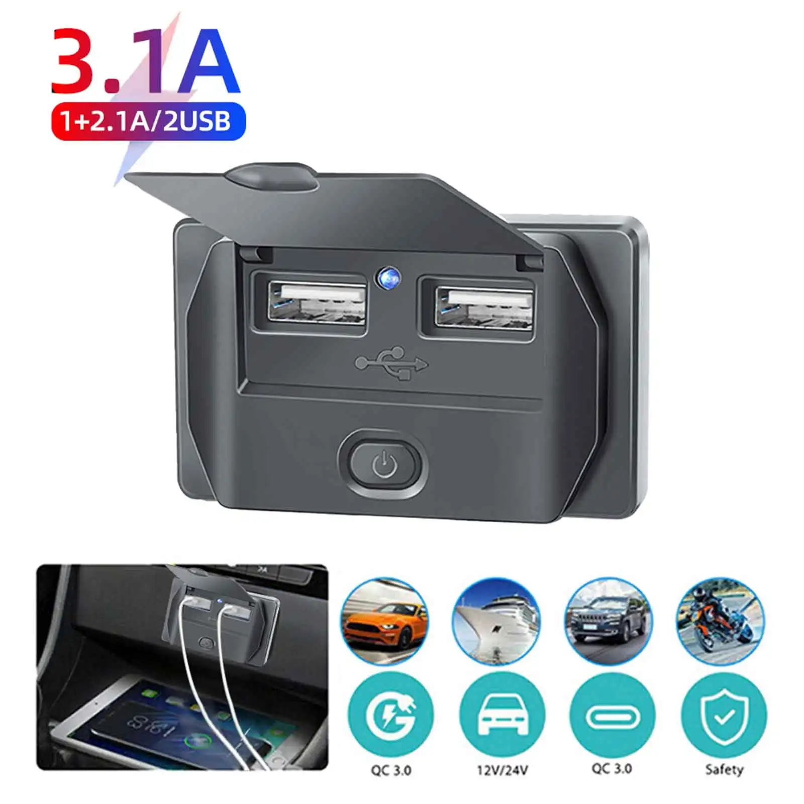 

New 4-port Car Charger Socket Panel 12V/24V RV USB Socket Dual QC3.0PD Fast Charging Socket Accessories, Cars, Buses, RV Trucks