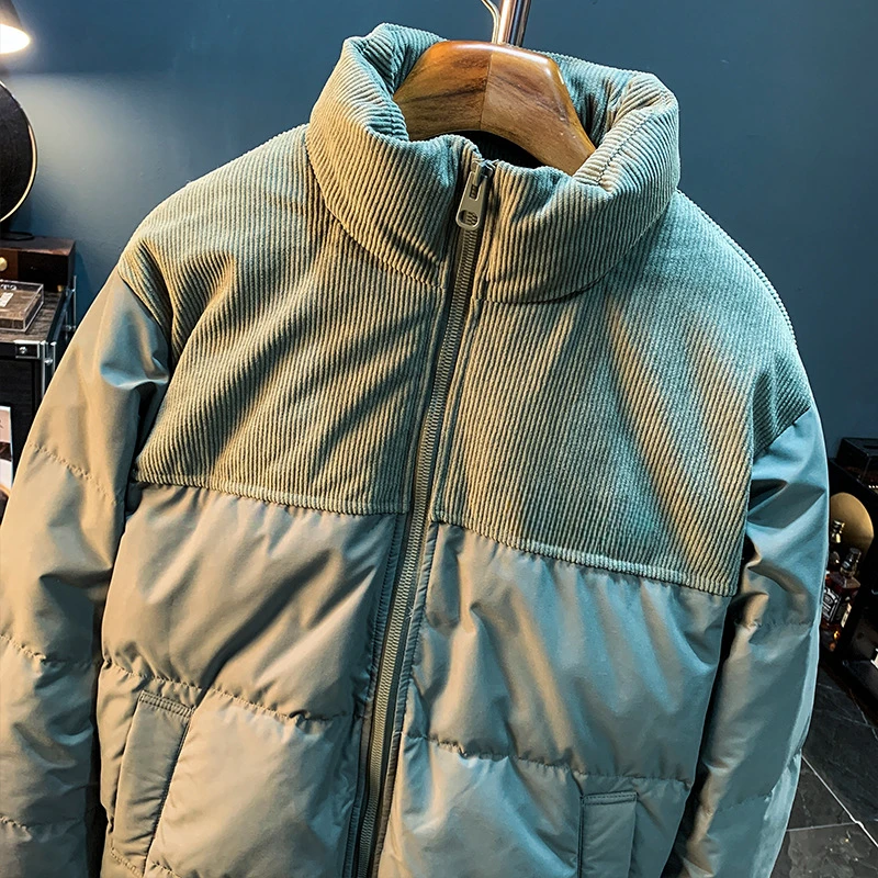 High-End Men's down Jacket Winter White Duck down Warm Bread Clothing Corduroy Patchwork Stand-up Collar Cold-Resistant Coat