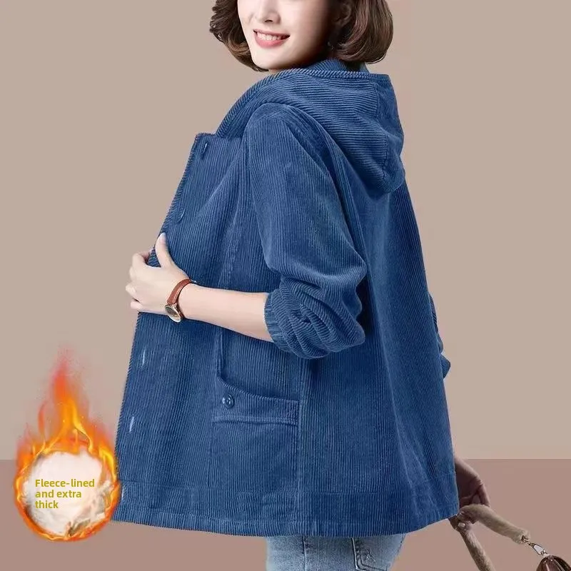 Podzimní a zimní bunda s tlustým fleecovým vzorem, manšestrová, pro volný čas, zeštíhlující, pro maminky středního a staršího věku... - náhled 3