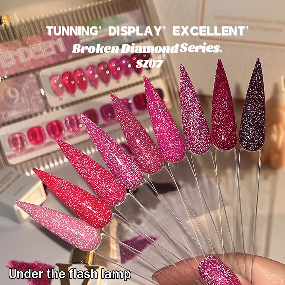 Vendeeni 9 Farben/Set Glitzer-Broken-Diamond-Gel-Nagellack UV LED Soak-Off Gel-Lack Grün Lila Rot Flash Gel mit Display – Detail 31